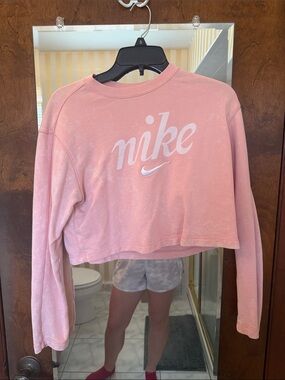 Nike Pink Cropped Crewneck Sweatshirt with White Script